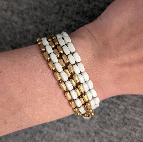 3/$15 | Vintage Napier 5-Strand Bracelet, White Enamel and Gold Toned - Picture 3 of 4